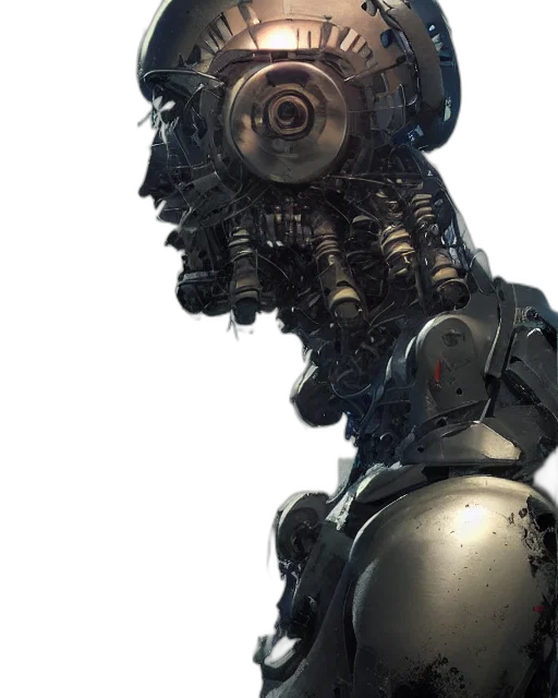 robot, weapon, face, creature, concept art, 3d render, cyberpunk, photorealistic transparent PNG cut-out