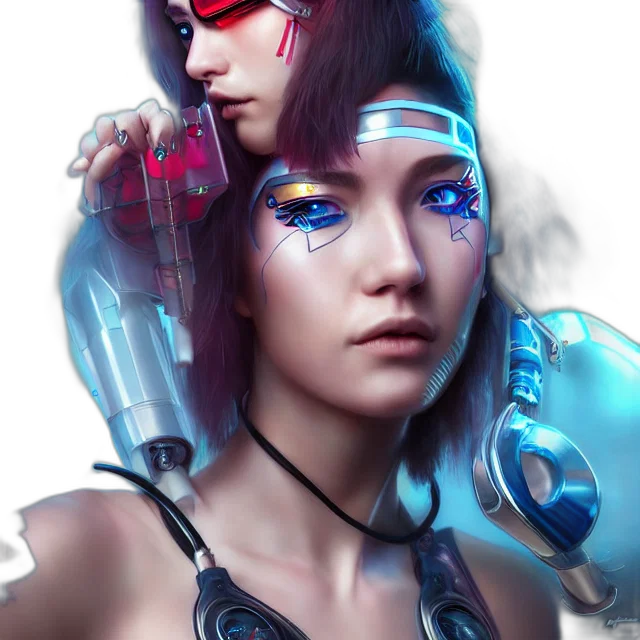 robot, cyberpunk, fantasy art, concept art, photorealistic, neon lights, blue, colorful transparent PNG cut-out