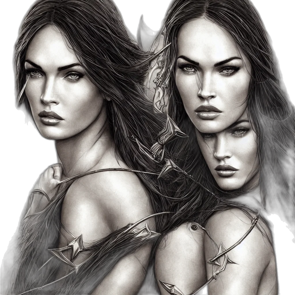 fantasy art, photorealistic, pencil sketch, comic book art, portrait, beautiful, megan, fox transparent PNG cut-out