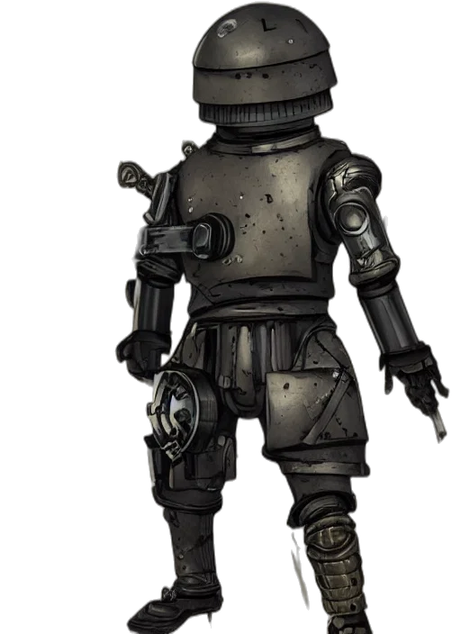 robot, staff, weapon, concept art, 3d render, pixel art, fantasy art, monochrome transparent PNG cut-out