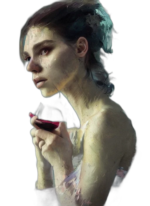 face, dress, bottle, jewelry, concept art, photorealistic, oil painting, fantasy art transparent PNG cut-out