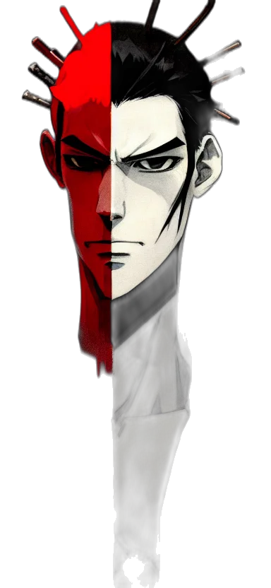 mask, staff, face, sword, concept art, comic book art, anime, cartoon transparent PNG cut-out