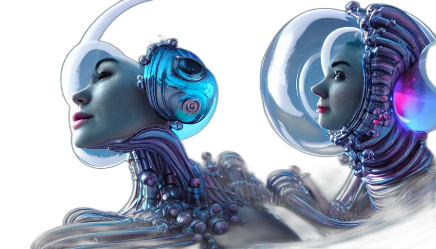 robot, concept art, cyberpunk, 3d render, fantasy art, underwater, outer space, blue transparent PNG cut-out