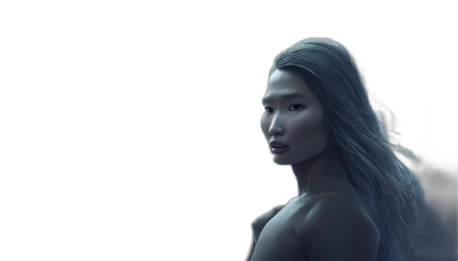 hair, face, cyberpunk, photorealistic, concept art, 3d render, dark, blue transparent PNG cut-out
