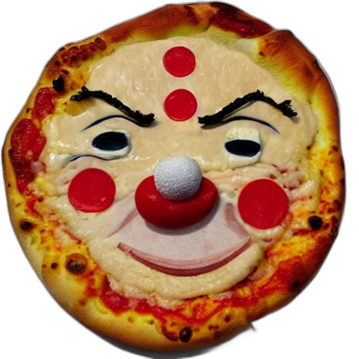 face, food, mask, crown, 3d render, photorealistic, clown, pizza transparent PNG cut-out