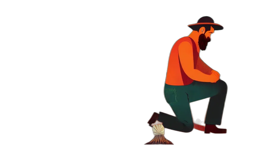 hat, concept art, farmer, kneeling, down, putting, seed, ground transparent PNG cut-out