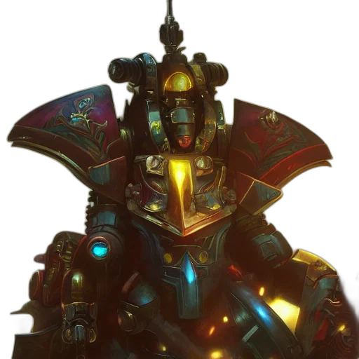 robot, mask, weapon, crown, concept art, fantasy art, cyberpunk, 3d render transparent PNG cut-out
