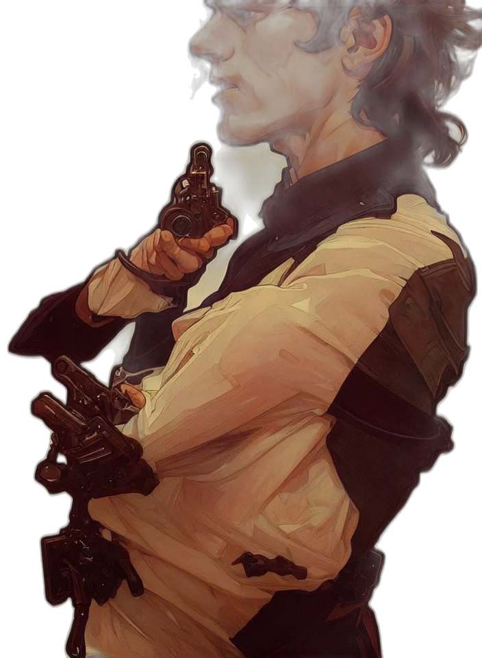 staff, jacket, weapon, face, concept art, cyberpunk, fantasy art, comic book art transparent PNG cut-out