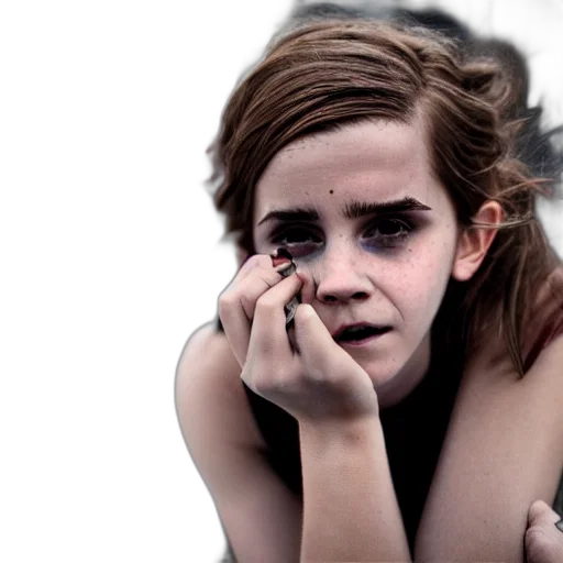 face, photorealistic, concept art, homeless, decrepit, emma, watson, begging transparent PNG cut-out