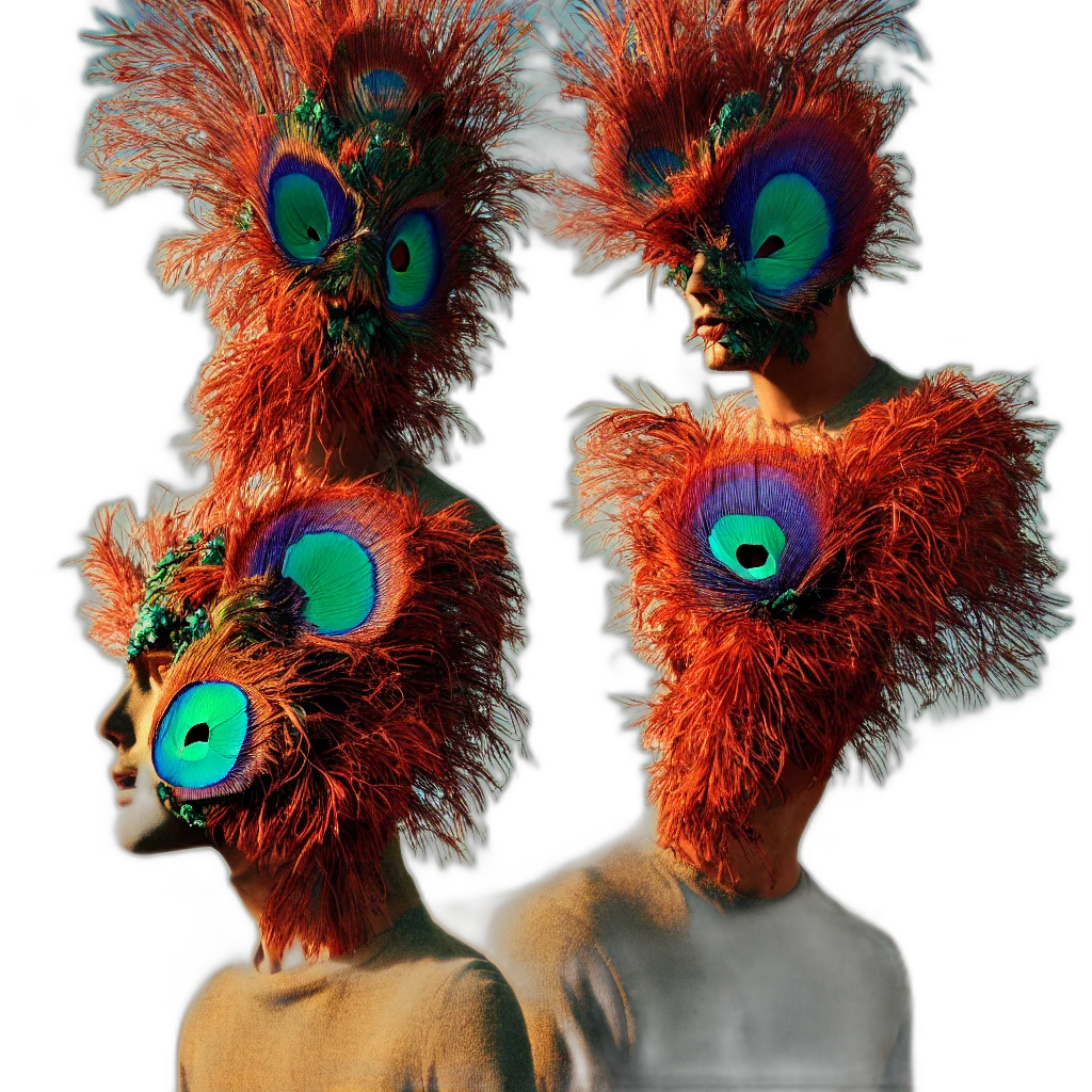 mask, hat, crown, 3d render, concept art, humanoid, peacock, feathers transparent PNG cut-out