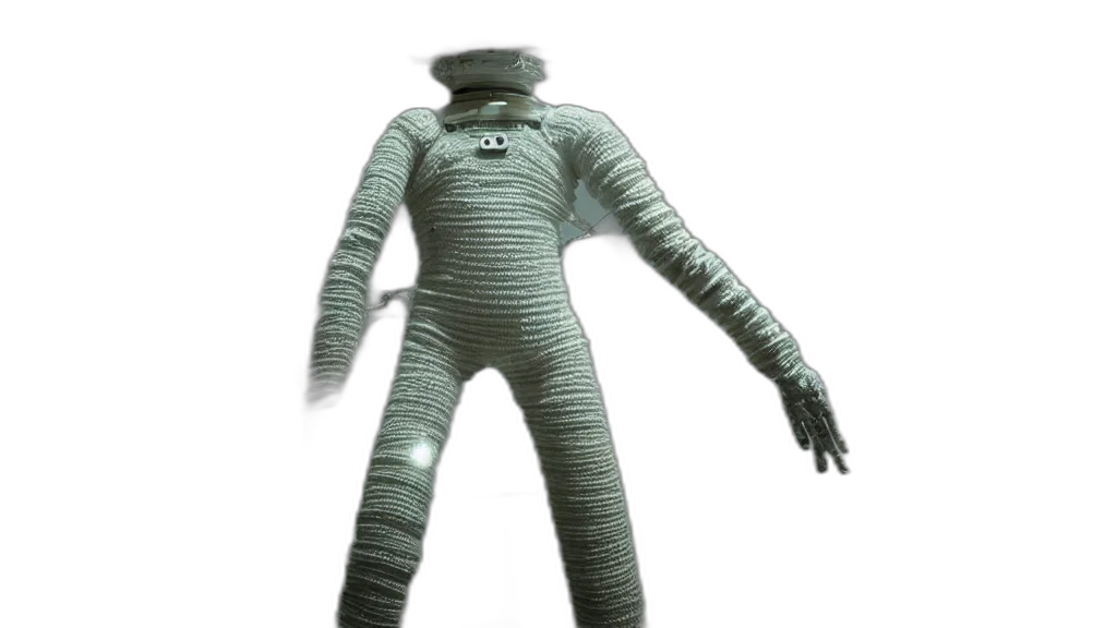 robot, creature, jacket, staff transparent PNG cut-out