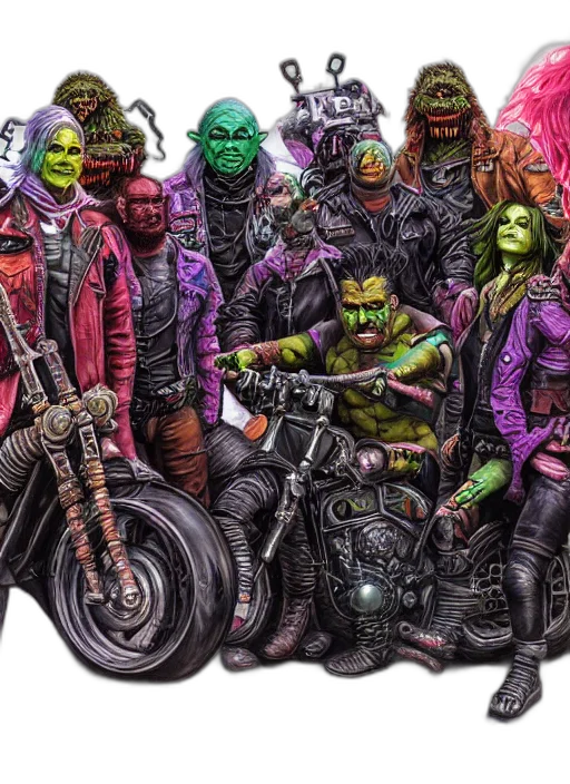 comic book art, concept art, outer space, apocalyptic, scifi, orcish, biker, characters transparent PNG cut-out