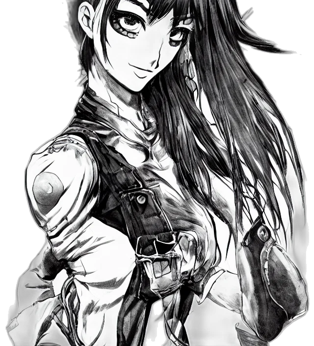 weapon, robot, staff, jacket, anime, cartoon, fantasy art, comic book art transparent PNG cut-out