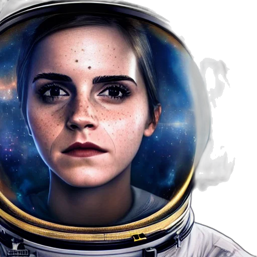 face, concept art, photorealistic, comic book art, outer space, emma, watson, inside transparent PNG cut-out