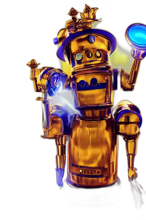 robot, staff, weapon, concept art, 3d render, comic book art, fantasy art, golden transparent PNG cut-out