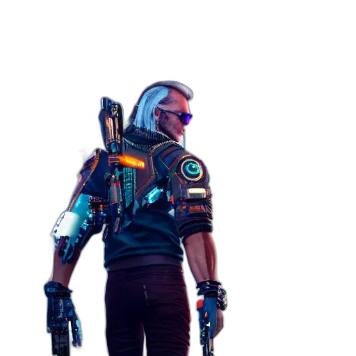 jacket, robot, staff, weapon, cyberpunk, concept art, 3d render, pixel art transparent PNG cut-out