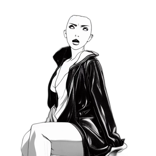 jacket, dress, face, comic book art, cartoon, concept art, cyberpunk, neon lights transparent PNG cut-out