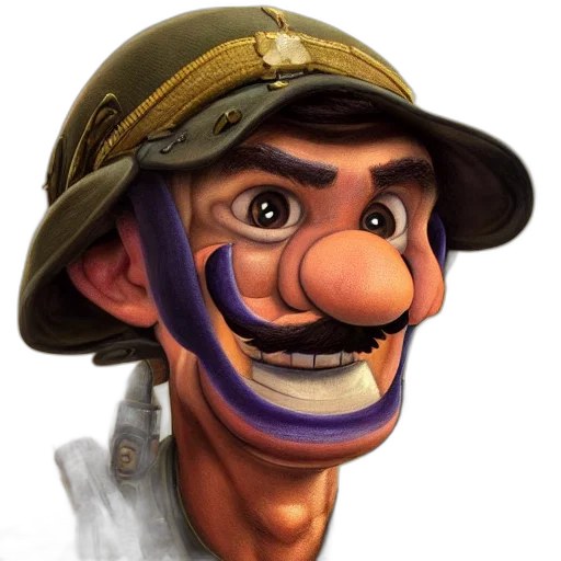 face, hat, staff, photorealistic, concept art, 3d render, cartoon, waluigi transparent PNG cut-out