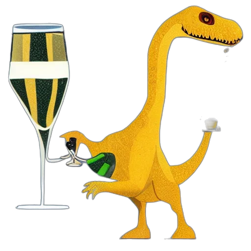 3d render, concept art, fancy, dinosaur, drinking, prosecco transparent PNG cut-out