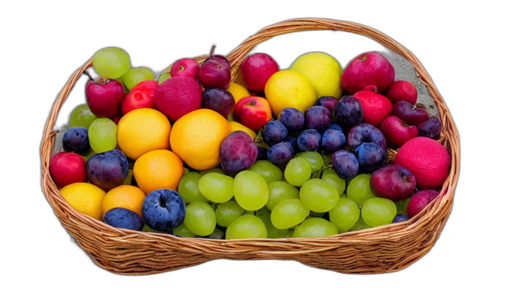 food, photorealistic, colorful, neon, pastel, basket, fruites, aperture transparent PNG cut-out