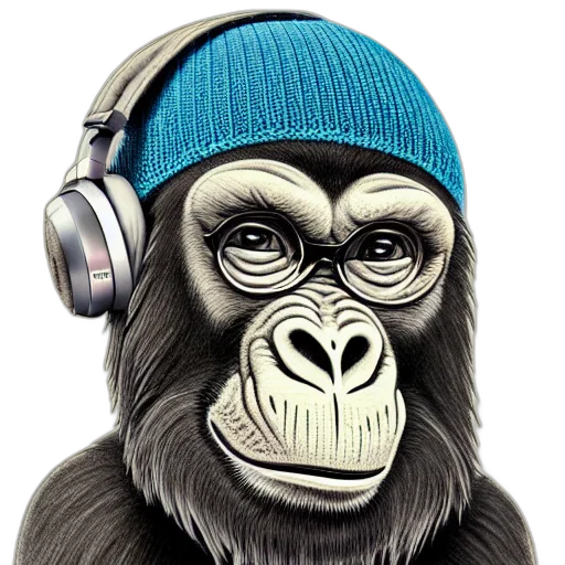 animal, photorealistic, cartoon, concept art, stoned, ape, headphones, knitted transparent PNG cut-out
