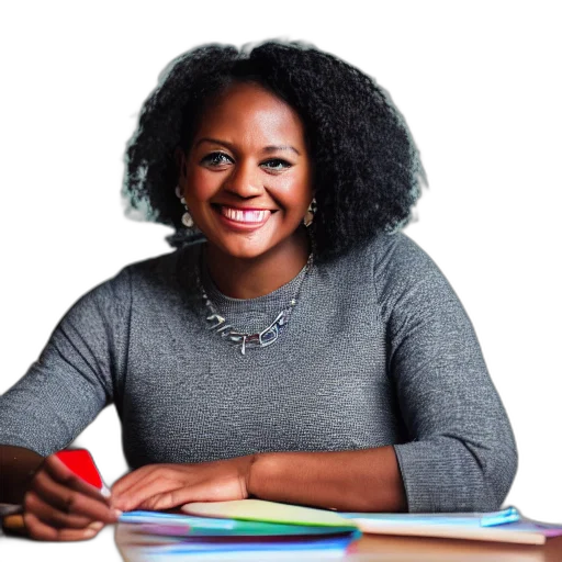 black, female, teacher, smirking, camera, glasses, photography, cinematic transparent PNG cut-out