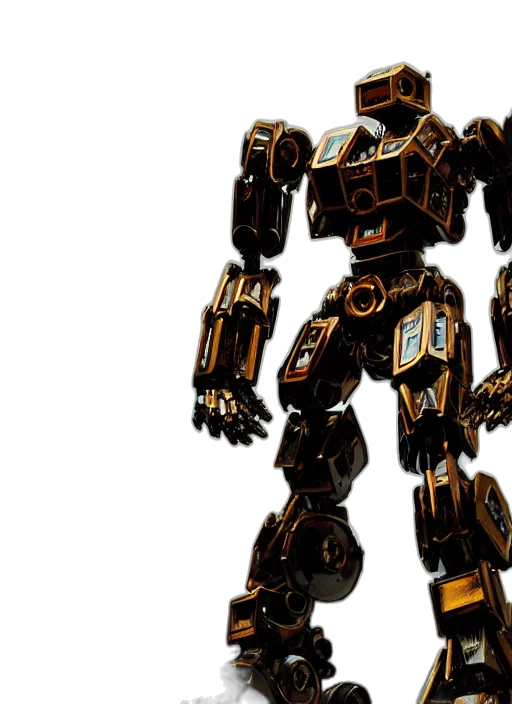 robot, weapon, 3d render, concept art, pixel art, golden, shiny, ornate transparent PNG cut-out