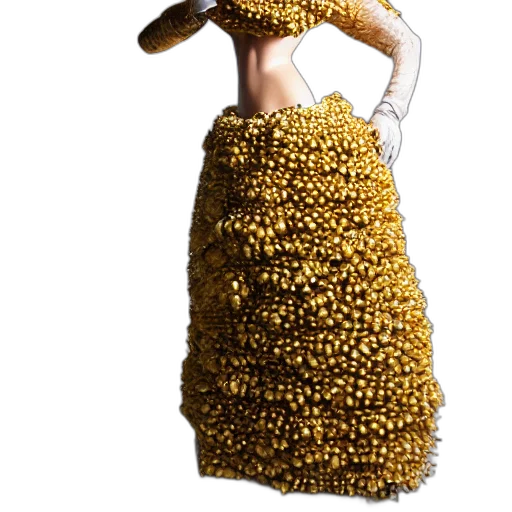 dress, hat, crown, jewelry, 3d render, photorealistic, concept art, golden transparent PNG cut-out