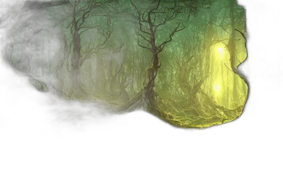 mask, tree, concept art, fantasy art, watercolor, comic book art, fog, forest transparent PNG cut-out