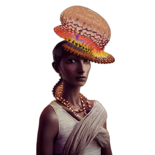 hat, jewelry, dress, staff, photorealistic, concept art, pixel art, 3d render transparent PNG cut-out