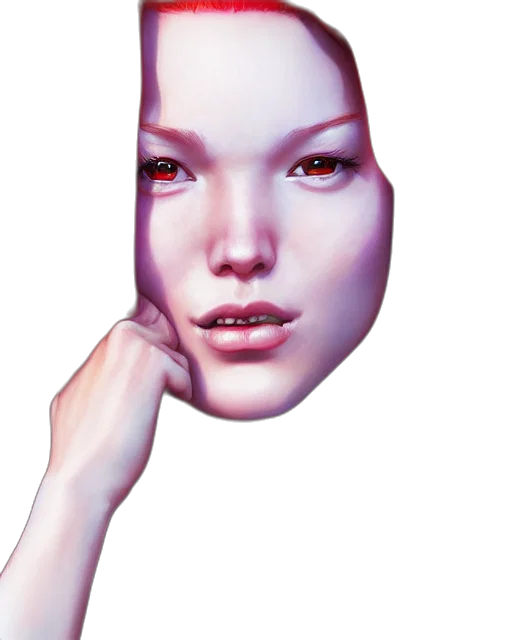 face, mask, robot, jewelry, 3d render, photorealistic, concept art, vaporwave transparent PNG cut-out