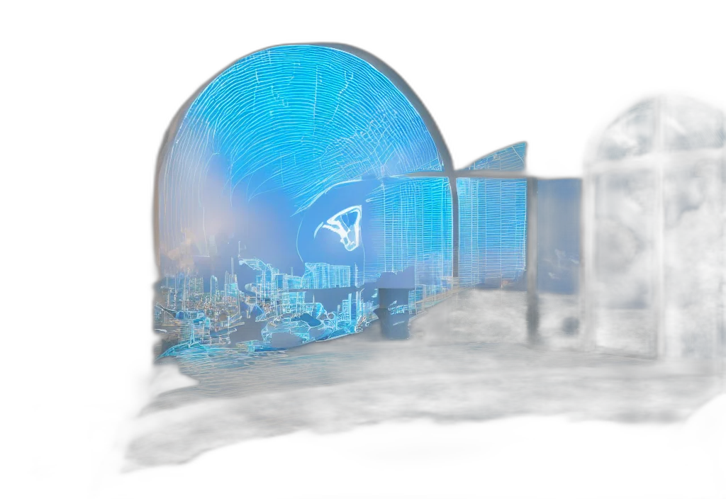 building, umbrella, concept art, 3d render, photorealistic, vaporwave, blue, curved transparent PNG cut-out