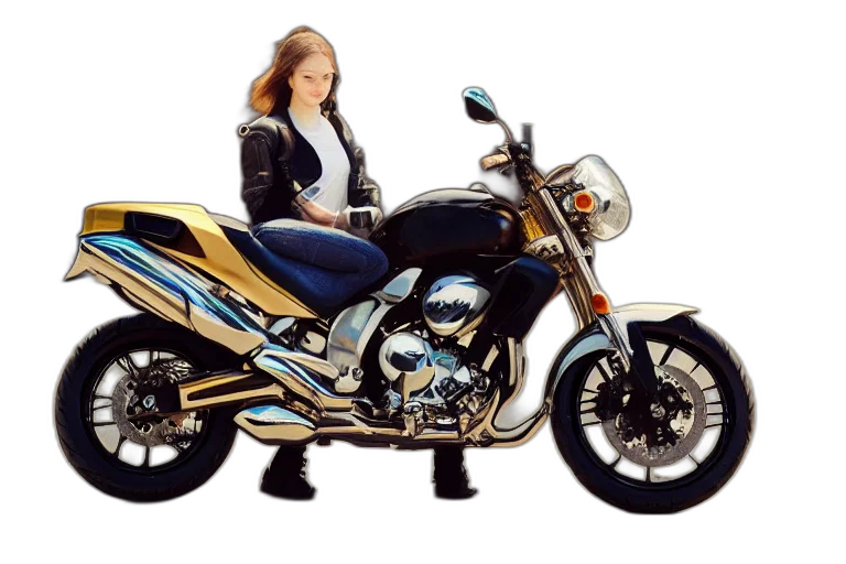 jacket, photorealistic, concept art, oil painting, 3d render, girl, motocycle, chrome transparent PNG cut-out