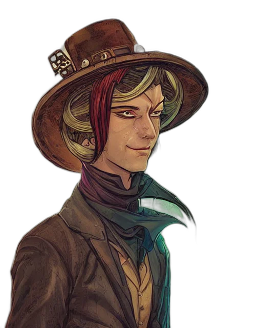 hat, staff, face, watercolor, concept art, fantasy art, comic book art, earth tones transparent PNG cut-out