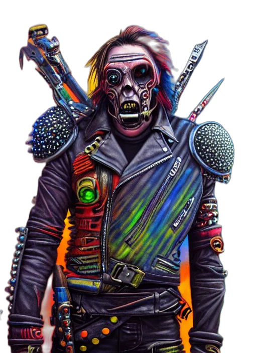 jacket, staff, weapon, mask, concept art, cyberpunk, fantasy art, comic book art transparent PNG cut-out