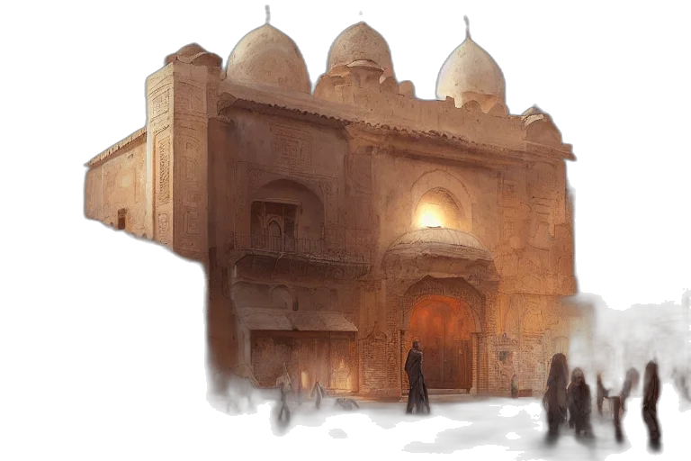 building, concept art, fantasy art, photorealistic, watercolor, snow, fog, city street transparent PNG cut-out