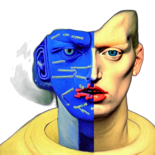 mask, face, robot, crown, concept art, photorealistic, 3d render, vaporwave transparent PNG cut-out