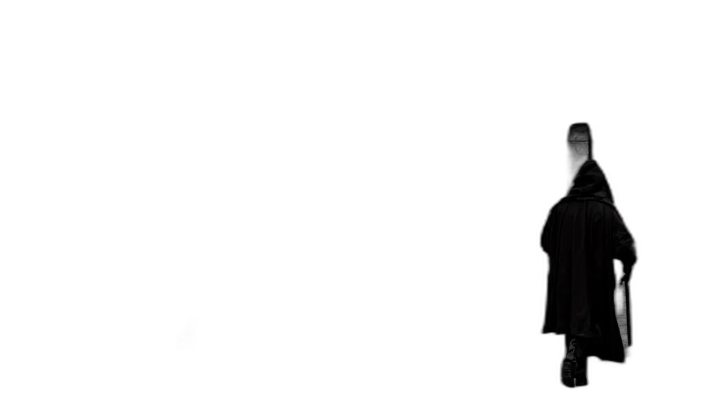 staff, jacket, robot, hat, concept art, monochrome, dark, creature transparent PNG cut-out