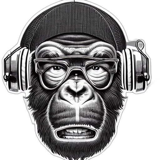 cartoon, photorealistic, concept art, comic book art, stoned, ape, headphones, knitted transparent PNG cut-out