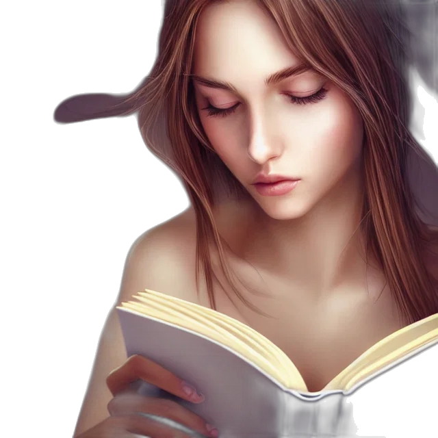 face, photorealistic, fantasy art, oil painting, concept art, beautiful, girl, reading transparent PNG cut-out