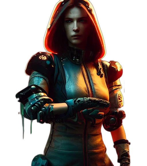 jacket, robot, staff, weapon, concept art, cyberpunk, fantasy art, comic book art transparent PNG cut-out