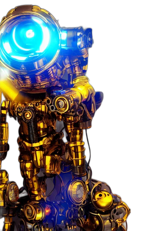 robot, 3d render, cyberpunk, concept art, golden, portrait, photo, giant transparent PNG cut-out