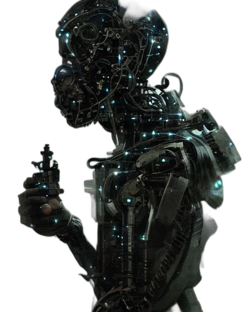 robot, staff, face, mask, cyberpunk, concept art, 3d render, comic book art transparent PNG cut-out