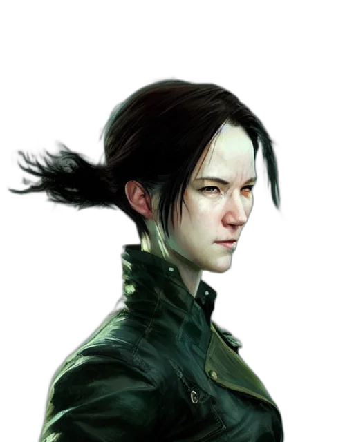 jacket, face, staff, hair, concept art, fantasy art, cyberpunk, photorealistic transparent PNG cut-out