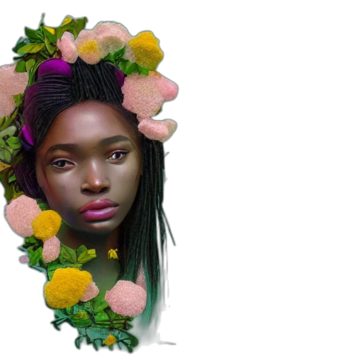 crown, face, flower, jewelry, photorealistic, 3d render, concept art, vaporwave transparent PNG cut-out