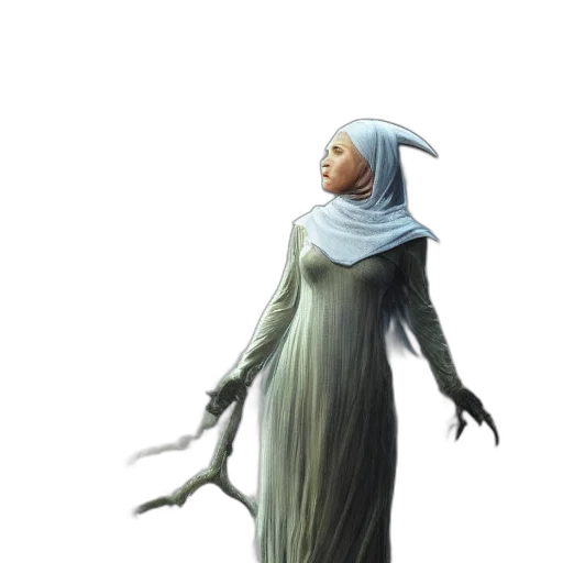 staff, dress, creature, concept art, fantasy art, 3d render, comic book art, monochrome transparent PNG cut-out