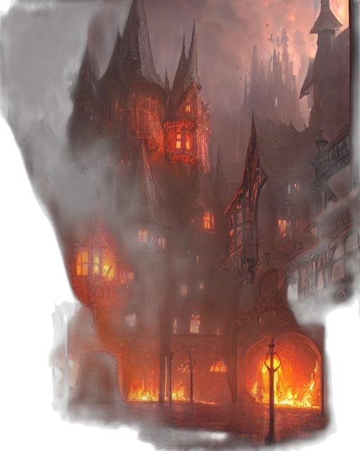 concept art, fantasy art, comic book art, photorealistic, fire, fog, city street, dark transparent PNG cut-out