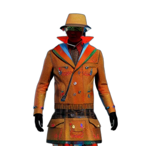 jacket, hat, mask, staff, concept art, 3d render, colorful, neon transparent PNG cut-out