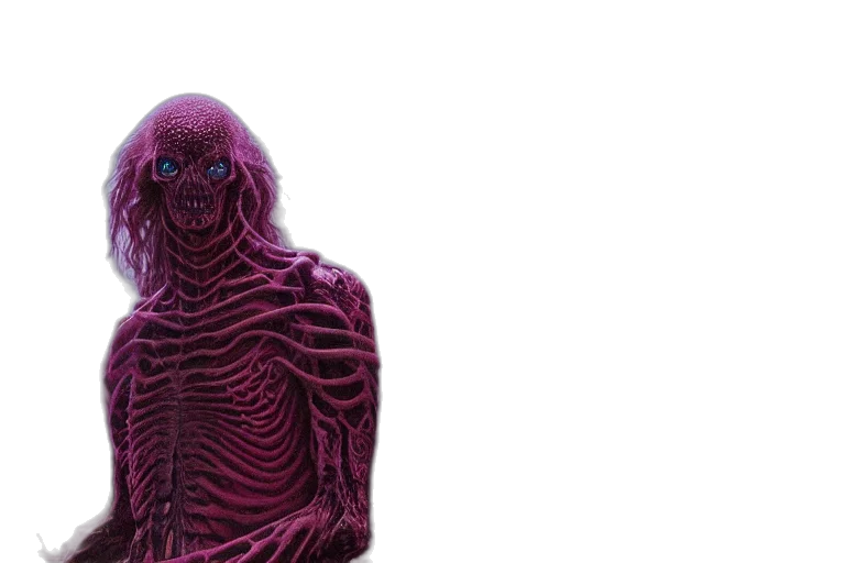 creature, jacket, mask, dress, 3d render, concept art, vaporwave, dark transparent PNG cut-out