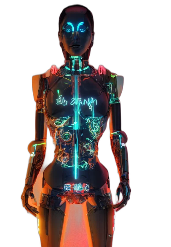robot, dress, jacket, jewelry, cyberpunk, 3d render, concept art, vaporwave transparent PNG cut-out